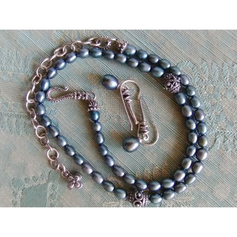 Barbara Bixby Thailand 18k & 925 Blue Peacock Pearl Necklace & Earrings Set